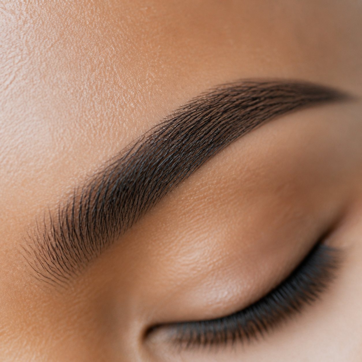 Macro detail of a powder brow, individual hair strokes visible